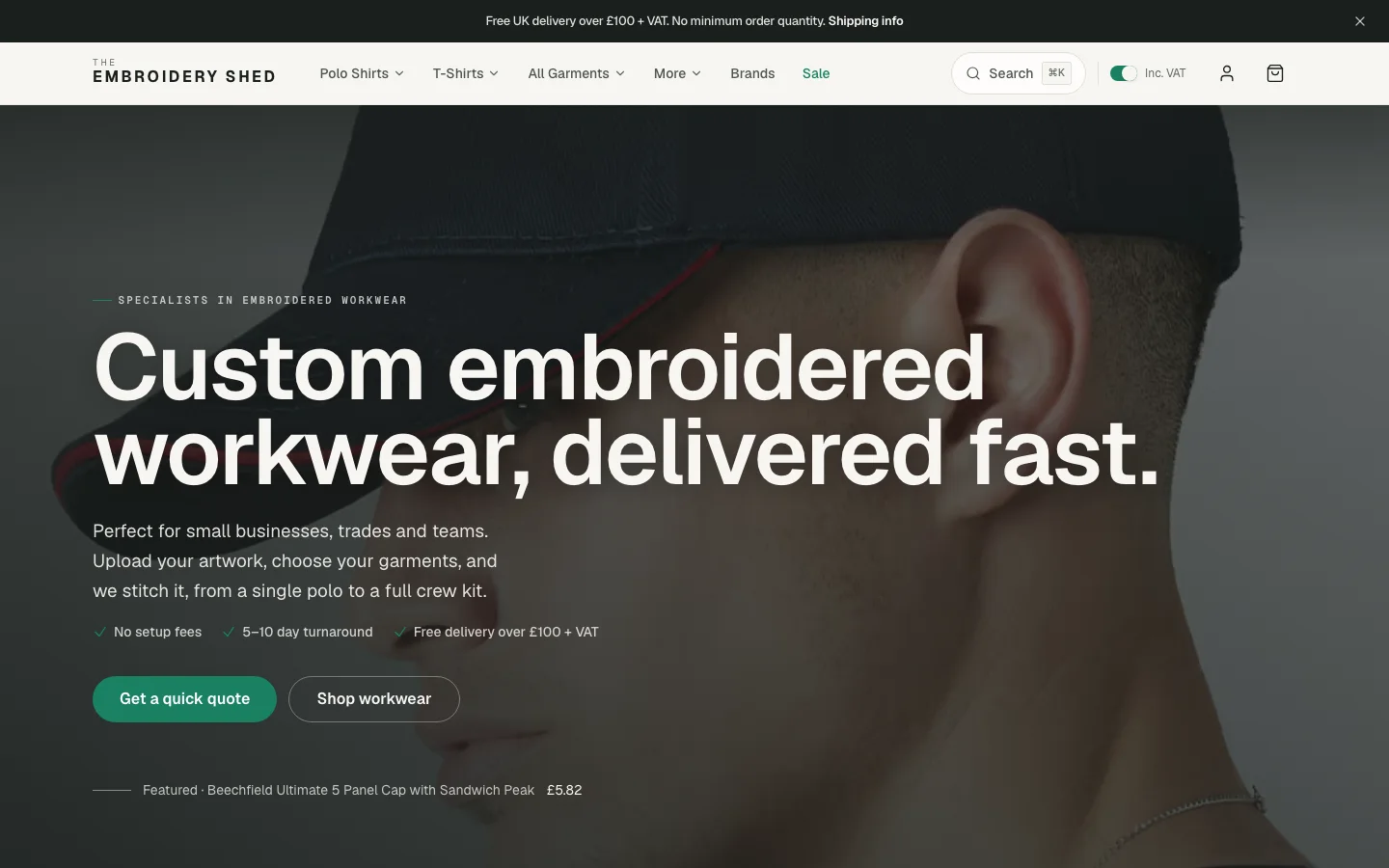 The Embroidery Shed homepage with custom embroidered workwear hero and shop navigation