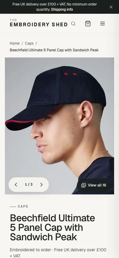 Mobile product page for an embroidered cap