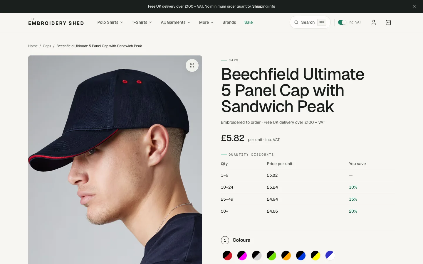 The Embroidery Shed product page showing price tiers, colour choices, and a workwear cap