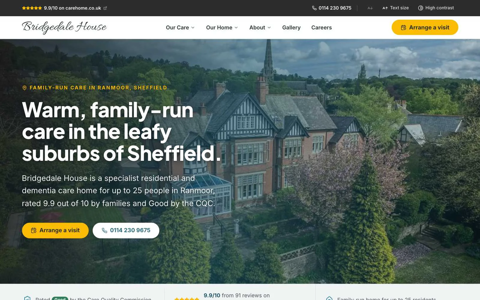 The new Bridgedale House homepage, with the home and its gardens behind the introduction.
